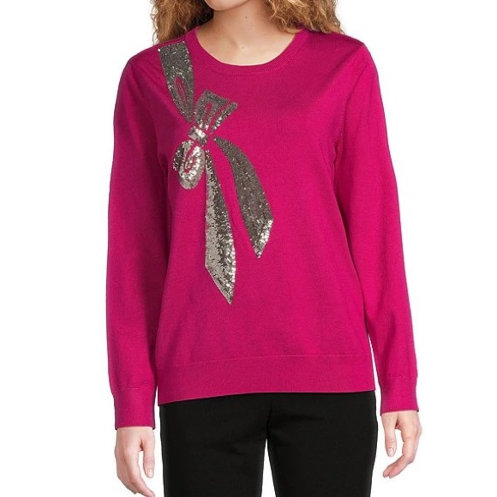 NWT Women DKNY Sequin Bow Crew Neck Long Sleeve Pink Sweater Christmas Large